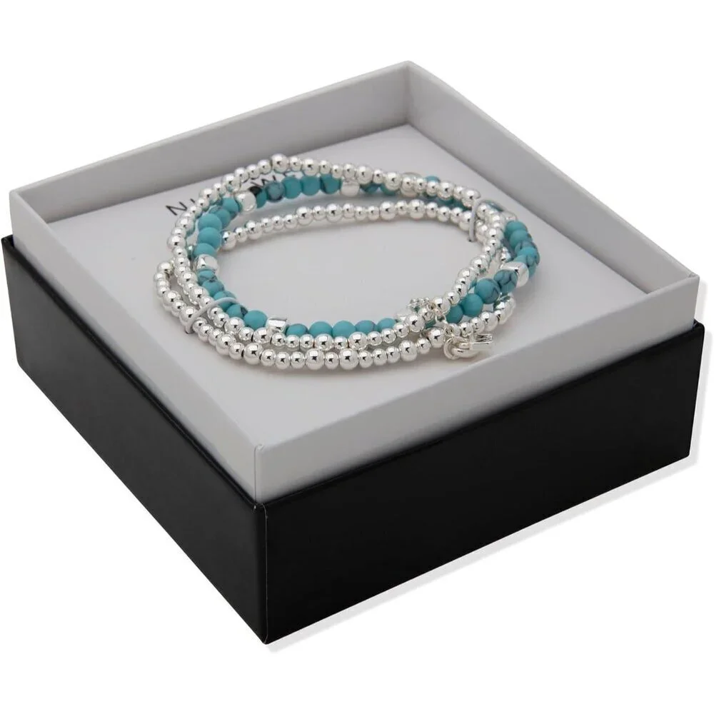 Women's Silver Tone Turquoise Set Of 3 Metal Slide Clasp Stretch Bracelet